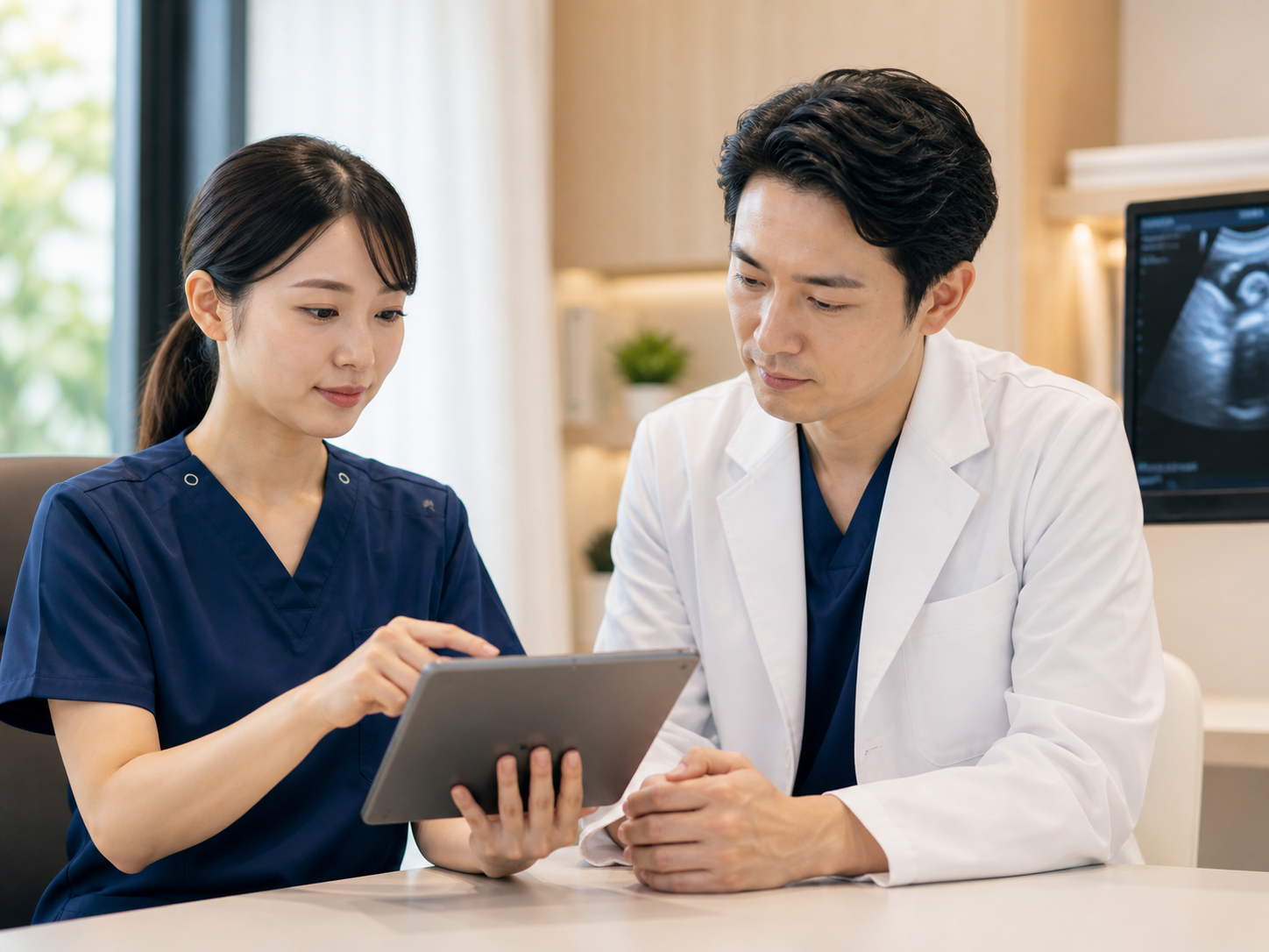 技師と医師がタブレットで所見を確認