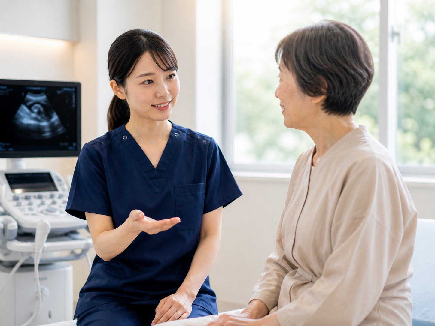 患者と笑顔で対話する技師